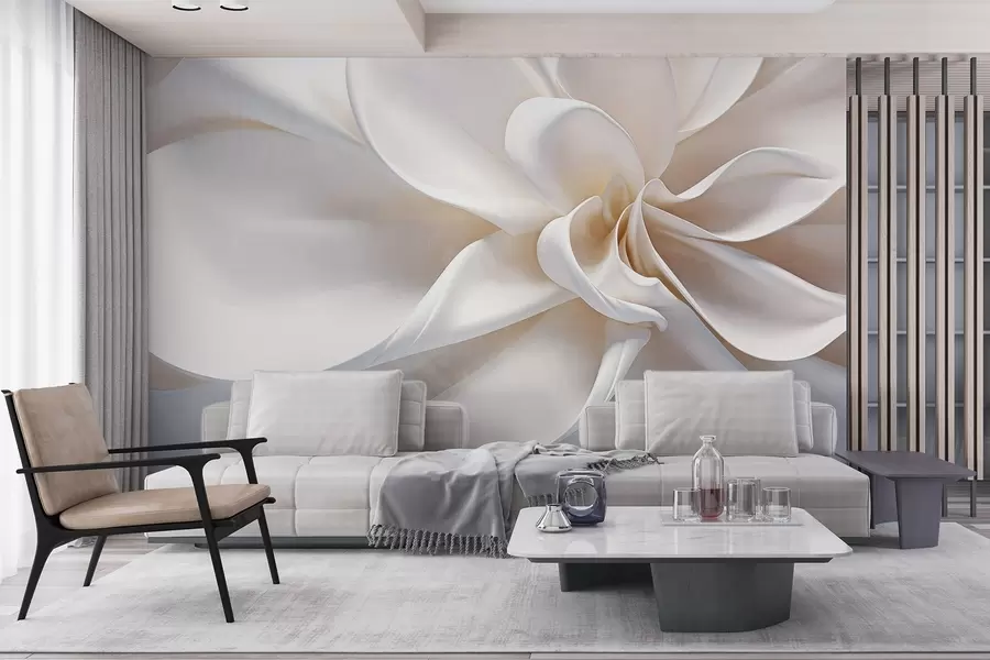 Fotobehang Een witte pastelkleurige minimalistische bloem met zachte bloemblaadjes, licht en luchtig, op een witte achtergrond w08868