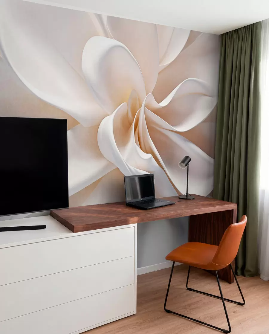 Fotobehang Een witte pastelkleurige minimalistische bloem met zachte bloemblaadjes, licht en luchtig, op een witte achtergrond w08868