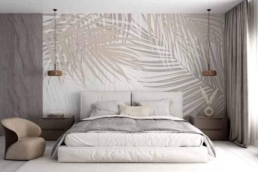 Papier peint photo Feuilles de palmier dans les tons beige clair et blanc, feuillage tropical, couleurs pastel douces, design minimaliste w08869