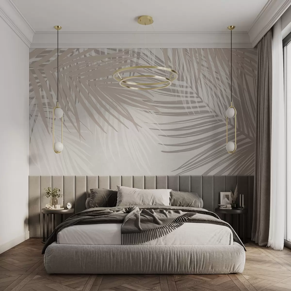 Fotobehang Palmbladeren in lichtbeige en witte tinten, tropisch gebladerte, zachte pastelkleuren, minimalistisch ontwerp w08869
