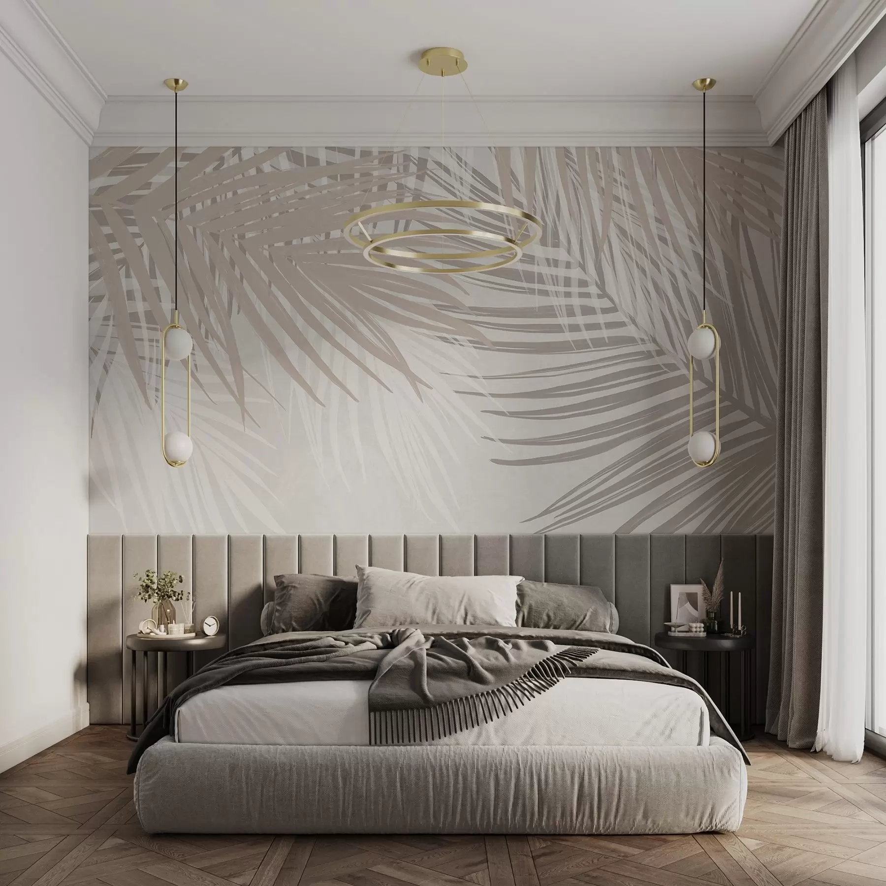 Fotobehang Palmbladeren in lichtbeige en witte tinten, tropisch gebladerte, zachte pastelkleuren, minimalistisch ontwerp w08869