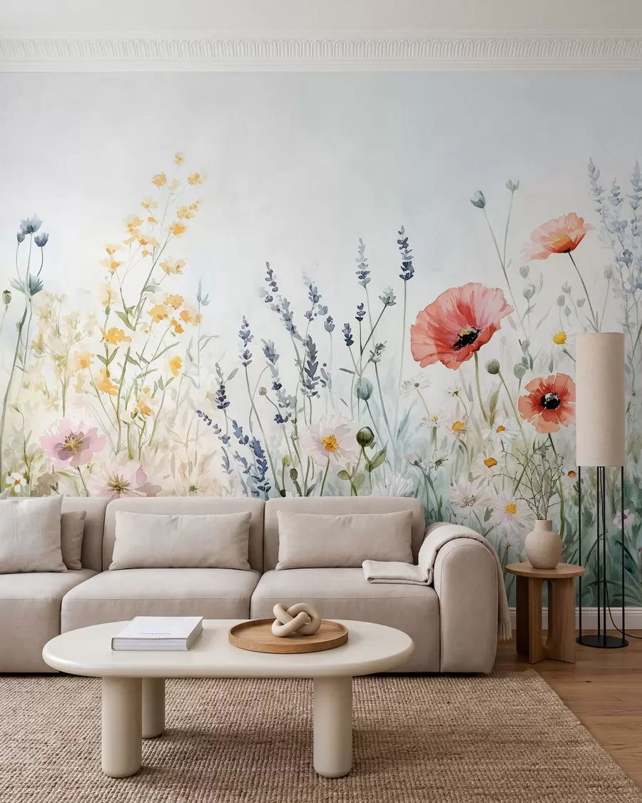 Fotobehang wilde bloemen en klaprozen in de techniek van streken w03281