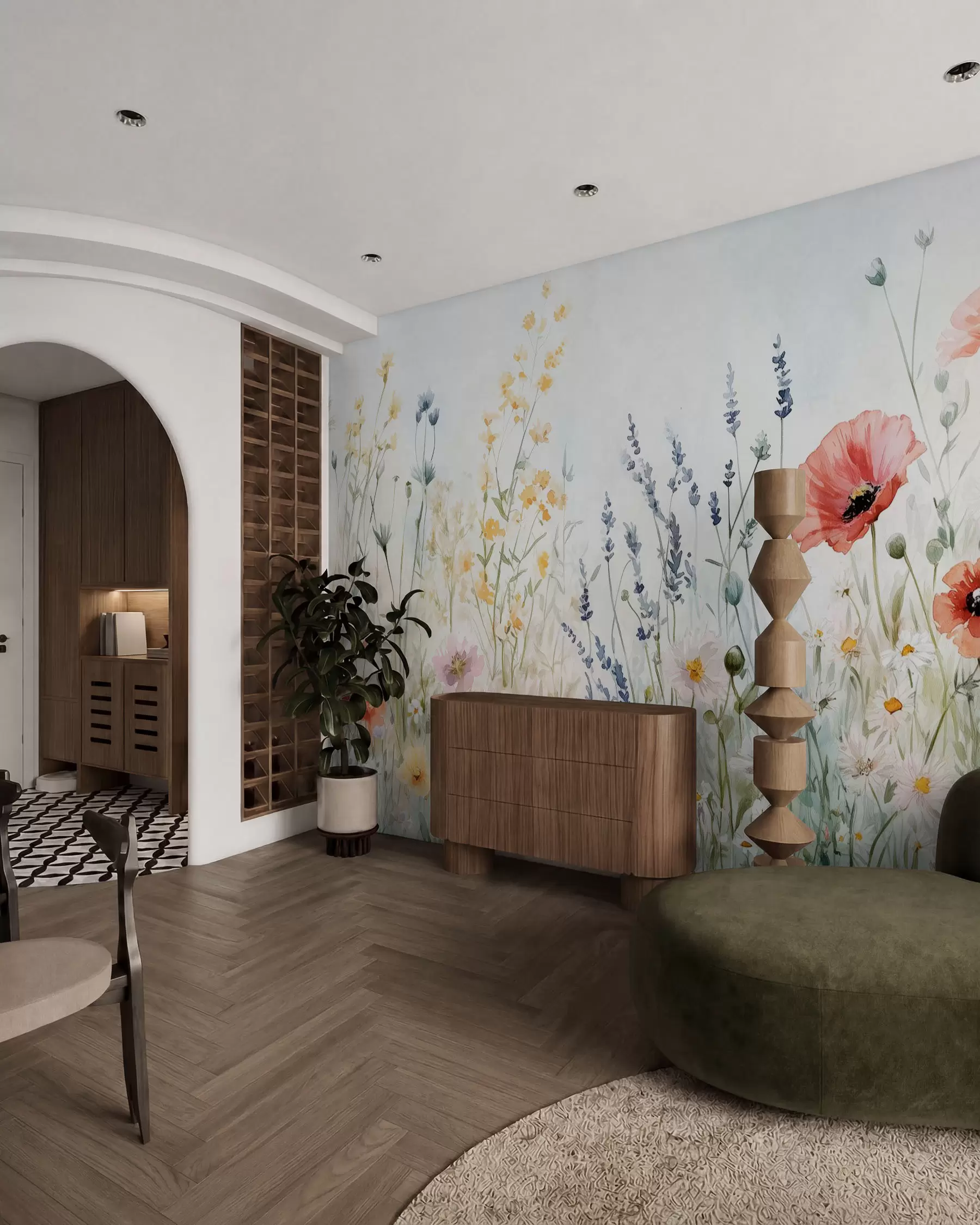Fotobehang wilde bloemen en klaprozen in de techniek van streken w03281
