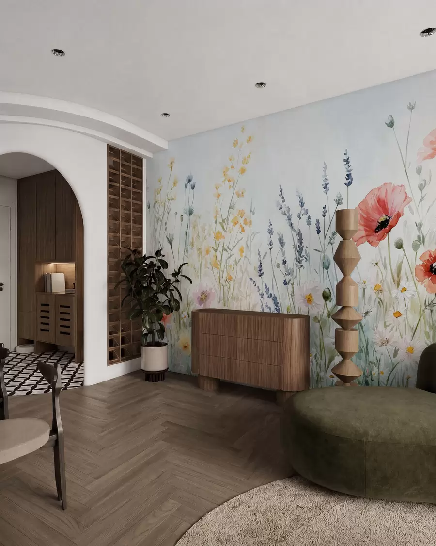 Fotobehang wilde bloemen en klaprozen in de techniek van streken w03281