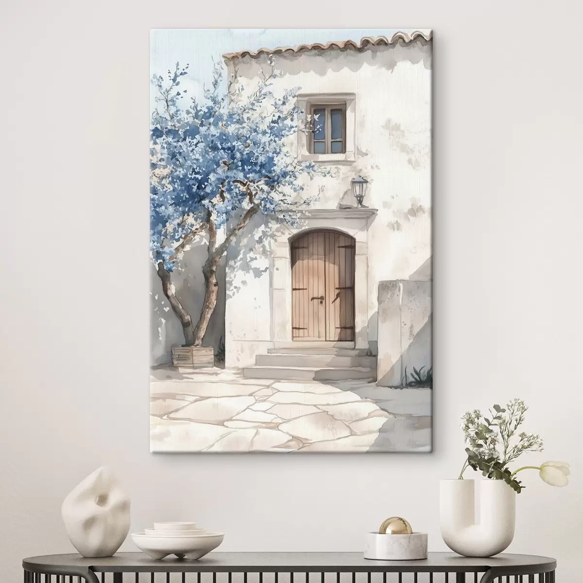  Peintures Maison grecque avec un bel arbre, architecture, style aquarelle s43178