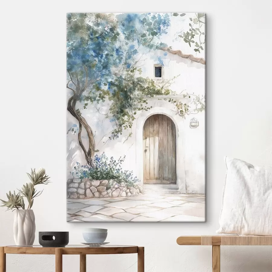  Peintures Belle maison blanche avec arbre en fleurs, méditerranéenne, style aquarelle s43179