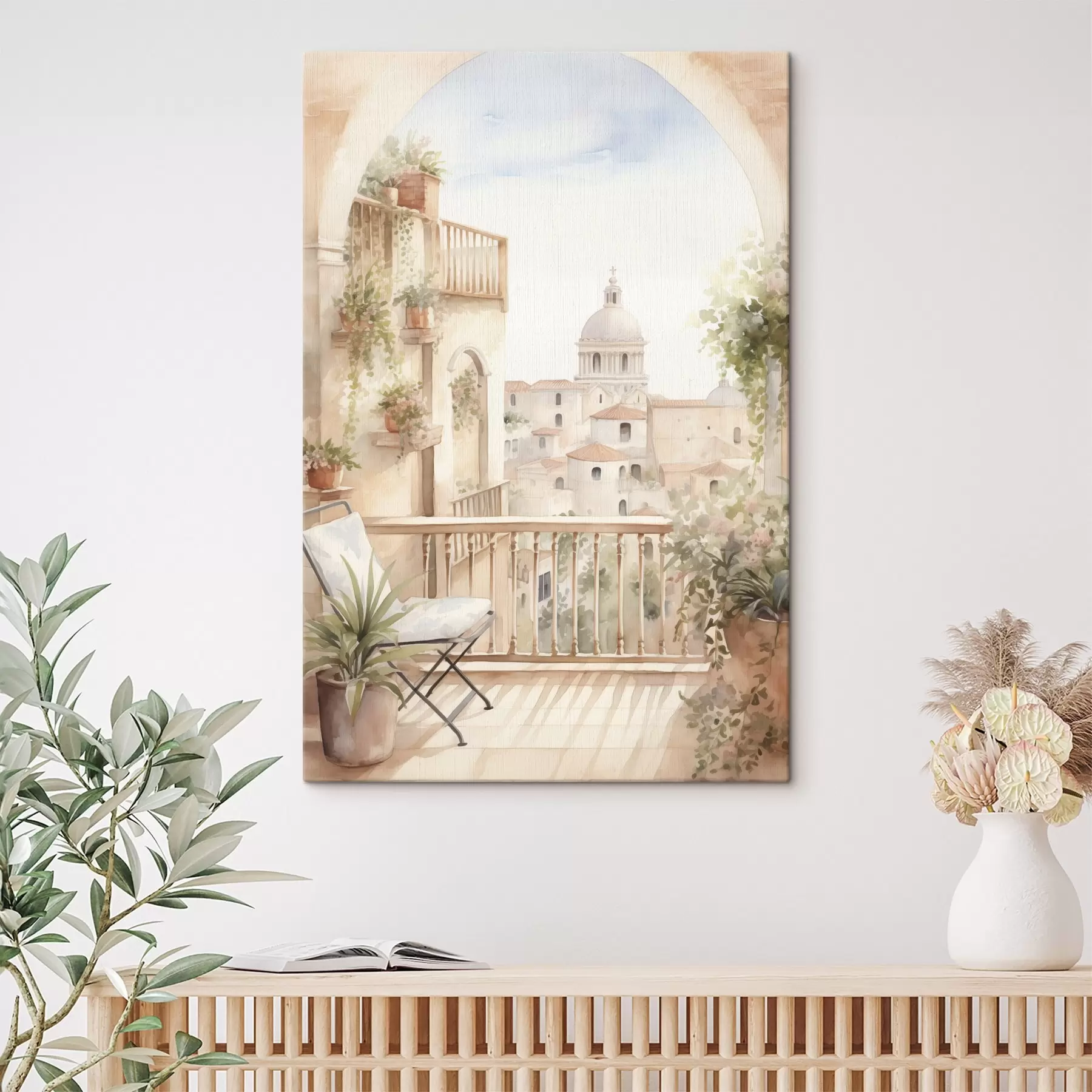 Fotobehang Esthetisch zomerbalkon, Spanje, oude architectuur, blomming, aquarel stijl s43180