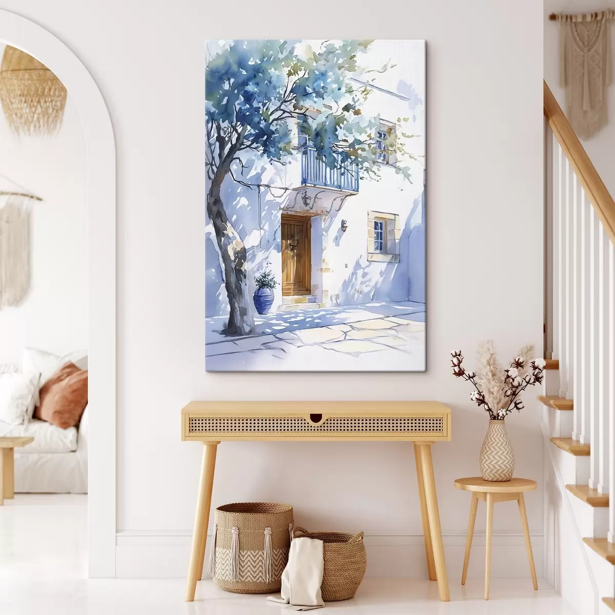  Peintures Aquarelle, maison grecque, arbre en fleurs, architecture s43182