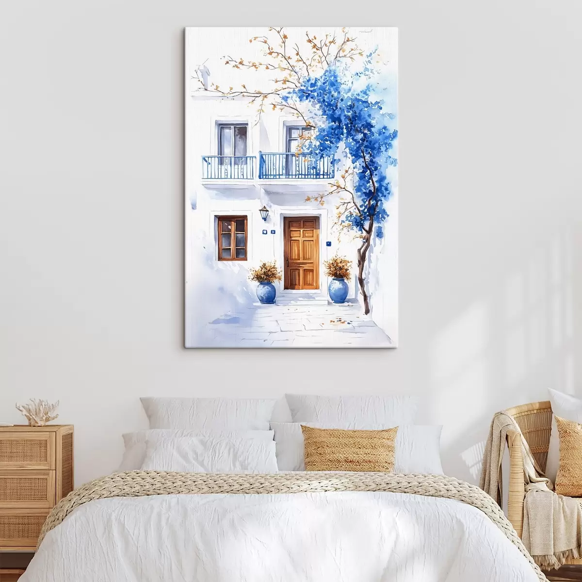  Schilderijen Bloeiende boom met blauwe bloemen, wit huis, Griekenland, aquarel stijl s43183