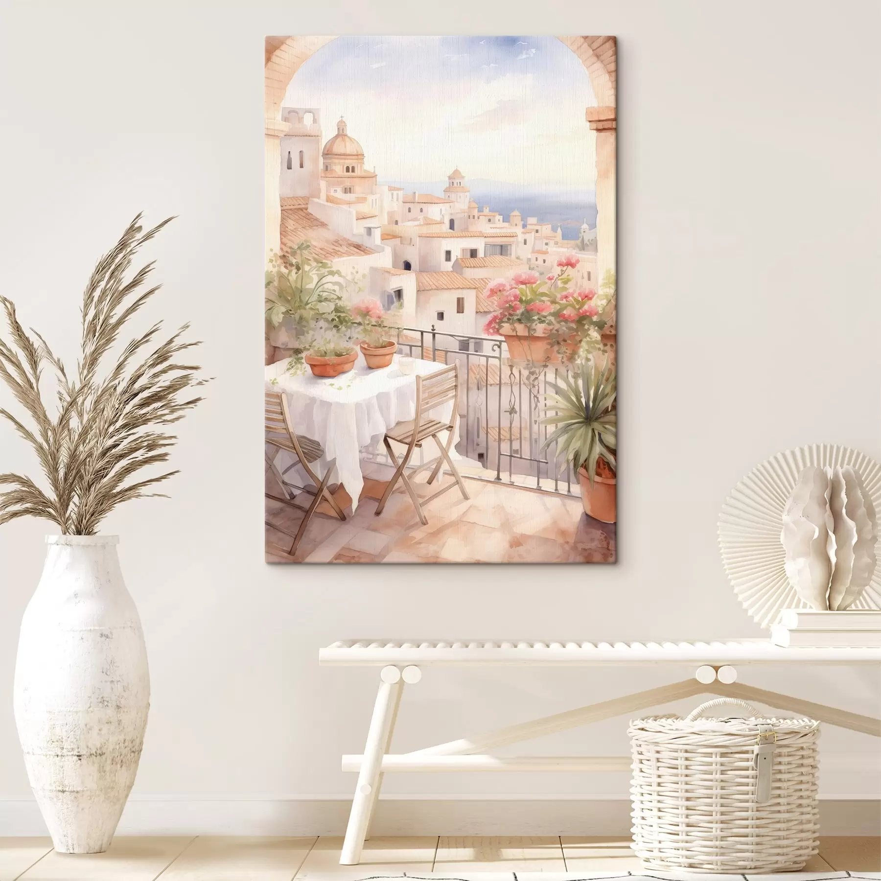 Fotobehang Zonsondergang op het balkon, Italië, architectuur, bloeiende bloemen, aquarel stijl s43184