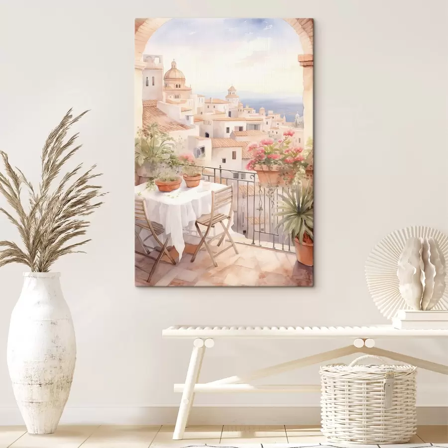  Peintures Coucher de soleil sur le balcon, Italie, architecture, fleurs épanouies, style aquarelle s43184