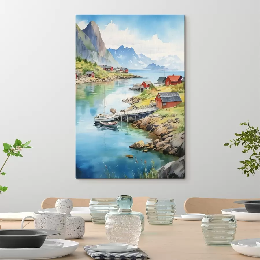  Peintures Paysage estival des îles Lofoten, maisons rouges, montagnes, bateaux s43187