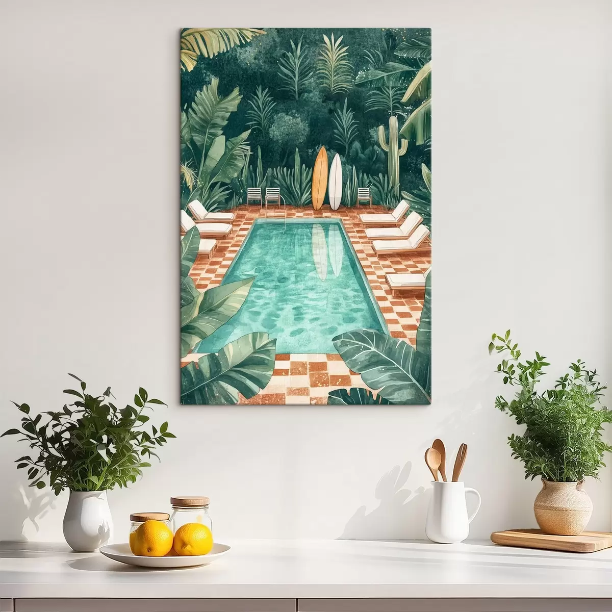  Peintures Piscine d'été vintage, forêt tropicale, verdure, palmiers, style aquarelle s43191