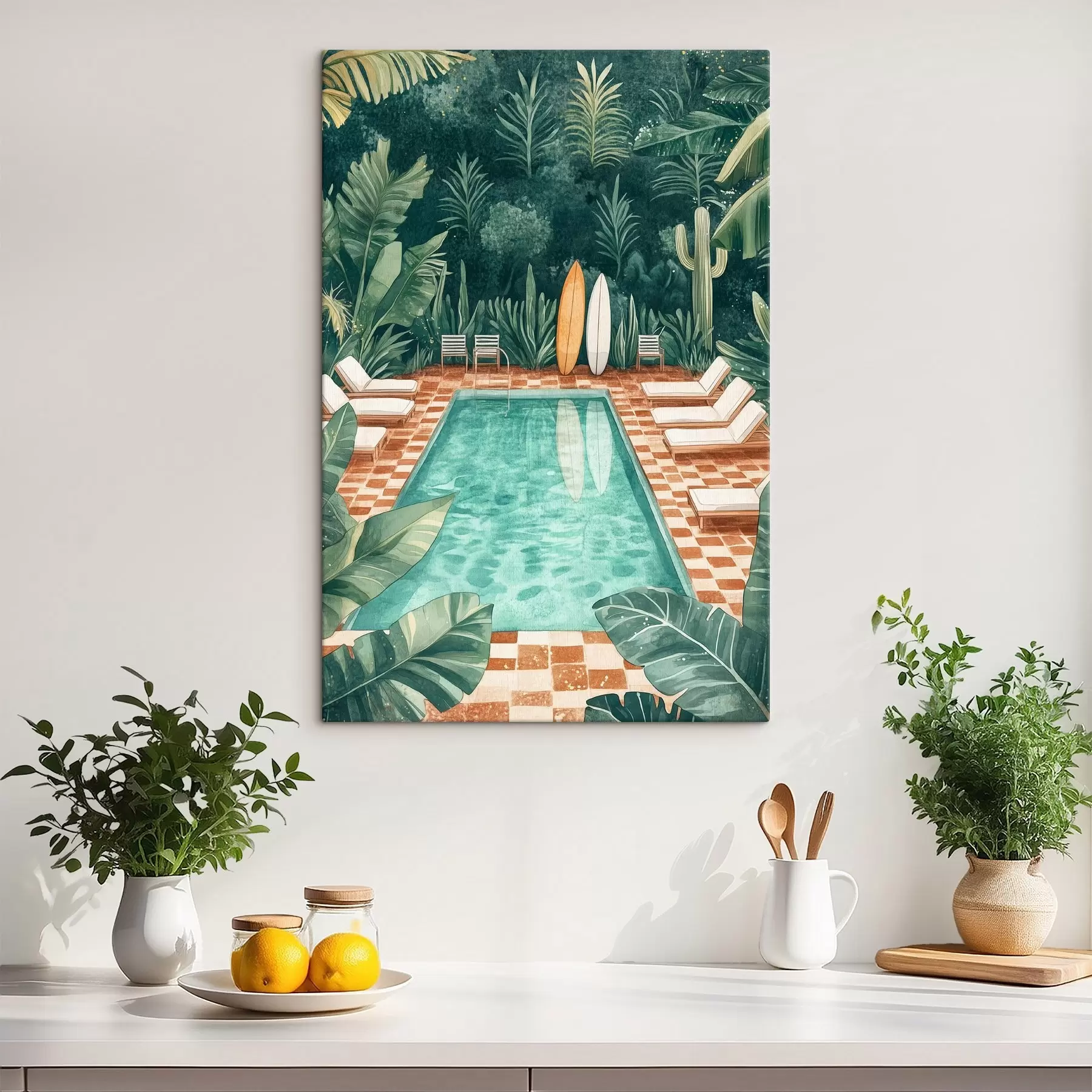  Peintures Piscine d'été vintage, forêt tropicale, verdure, palmiers, style aquarelle s43191