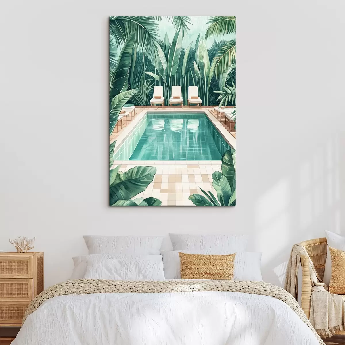  Peintures Piscine d'été esthétique dans un jardin tropical, style aquarelle s43192