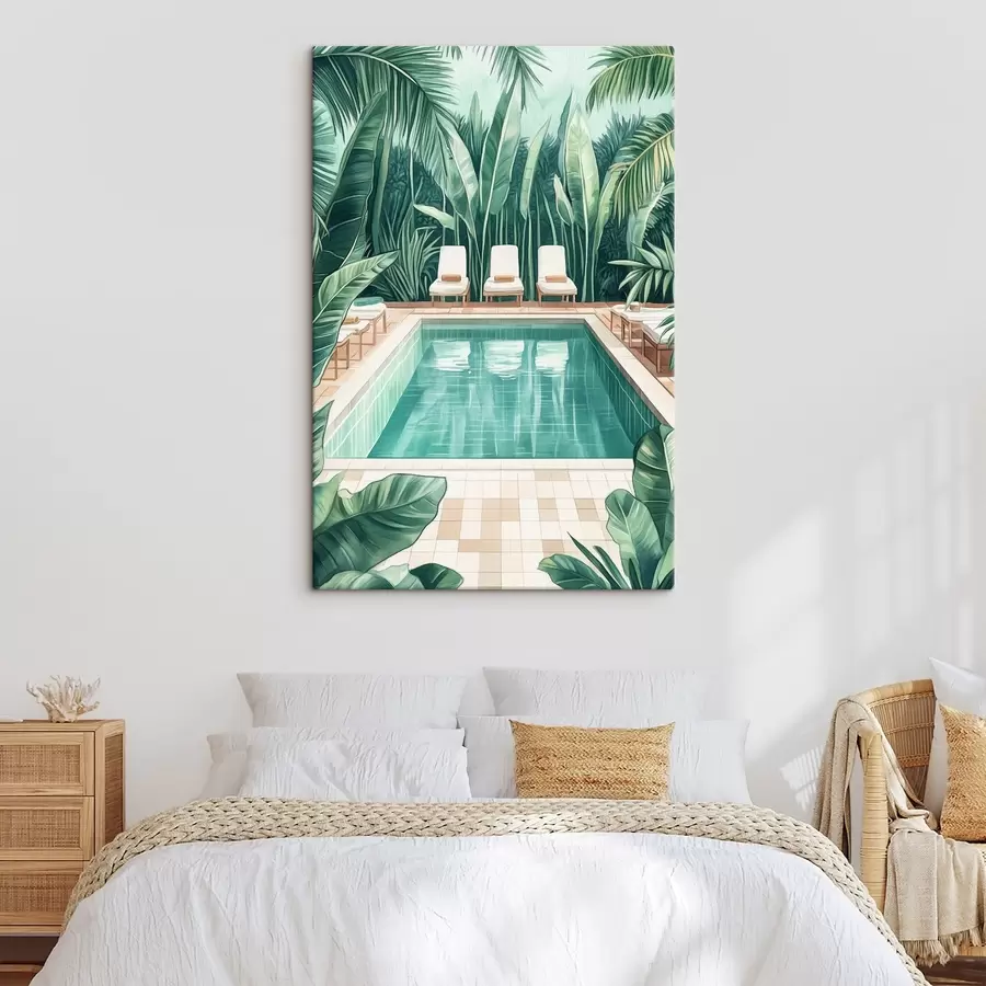  Peintures Piscine d'été esthétique dans un jardin tropical, style aquarelle s43192
