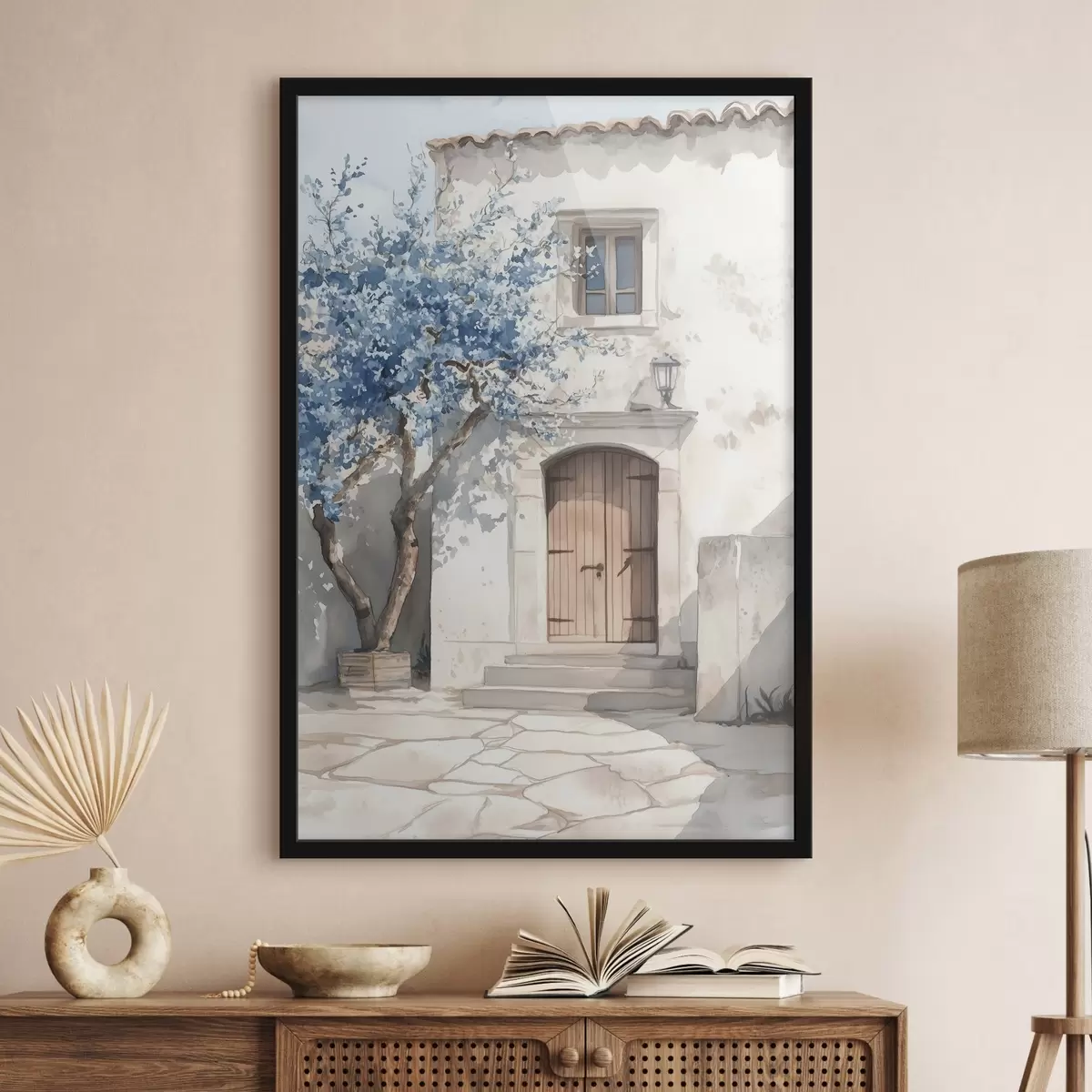 Affiche Maison grecque avec un bel arbre, architecture, style aquarelle f43178