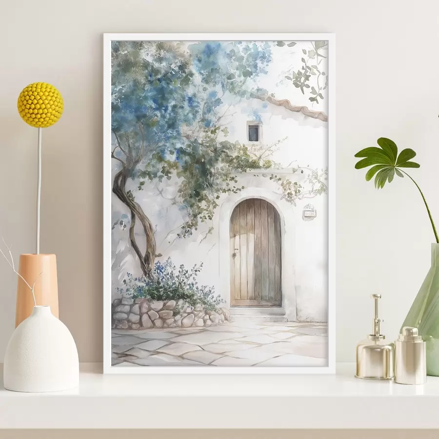 Fotobehang Mooi wit huis met bloeiende boom, mediterraan, aquarelstijl f43179