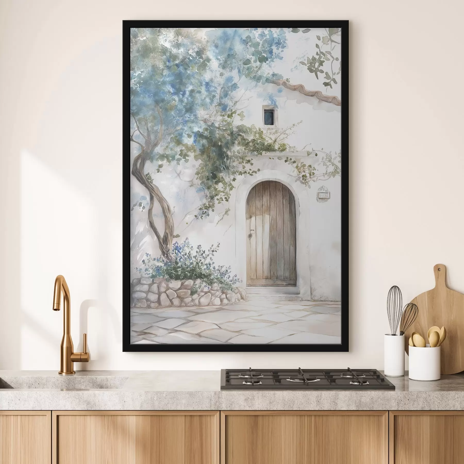 Fotobehang Mooi wit huis met bloeiende boom, mediterraan, aquarelstijl f43179