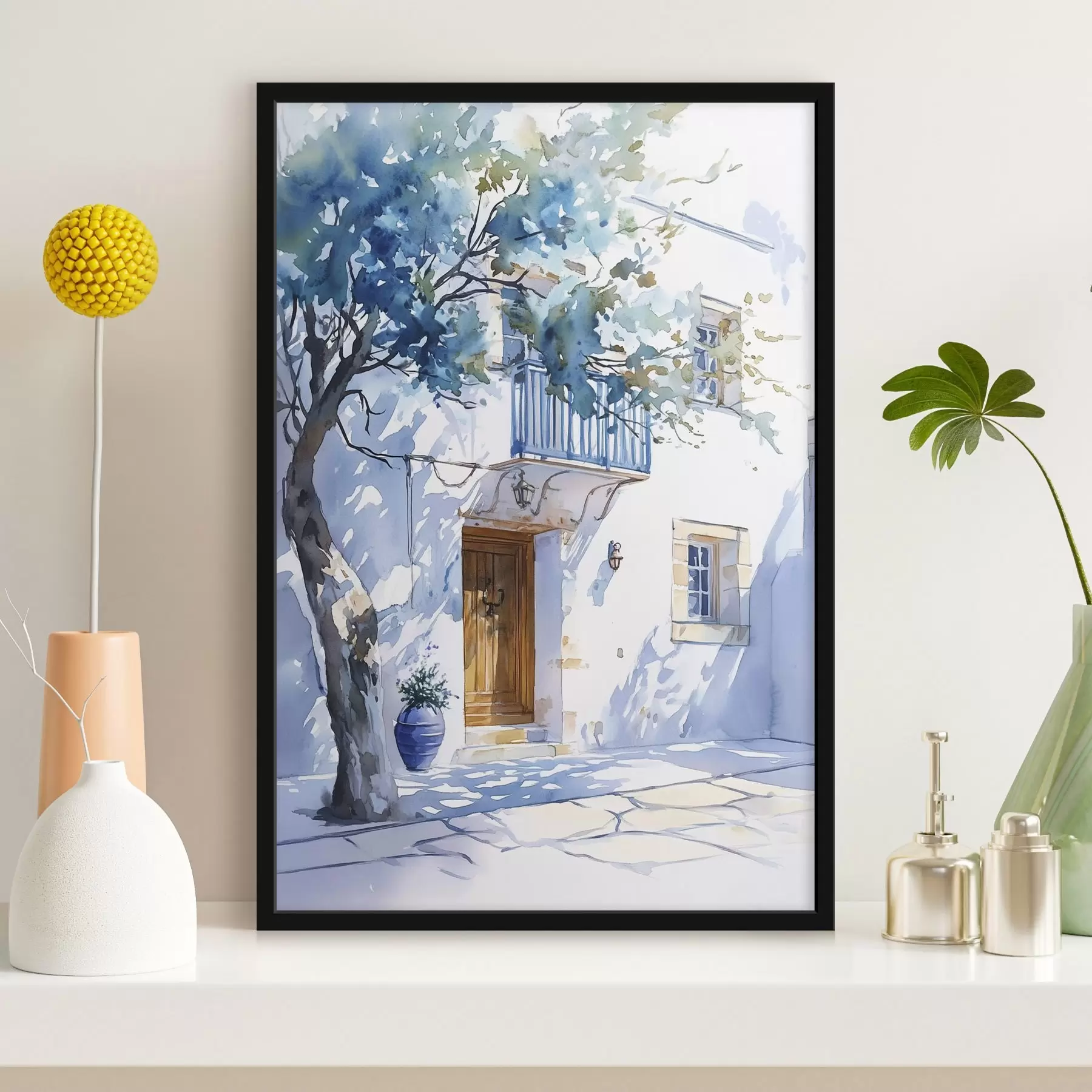 Fotobehang Aquarel stijl, Grieks huis, bloeiende boom, architectuur f43182
