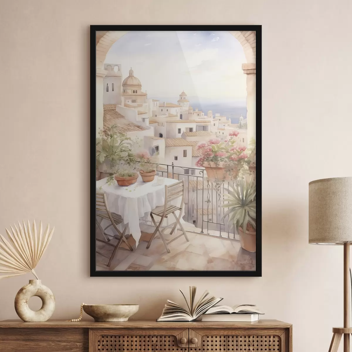 Poster Zonsondergang op het balkon, Italië, architectuur, bloeiende bloemen, aquarel stijl f43184