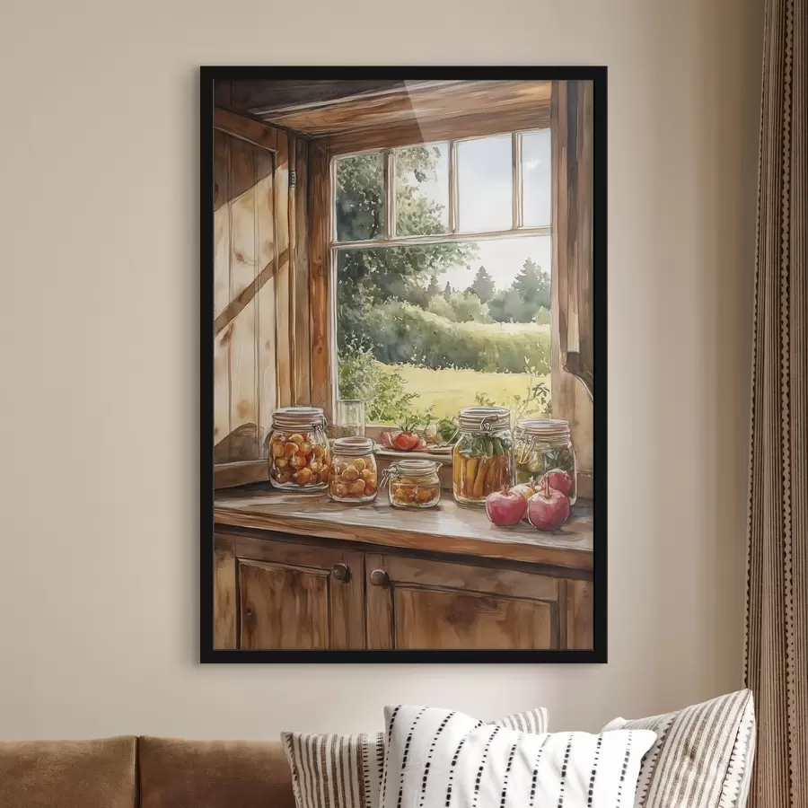 Fotobehang Dorpse esthetiek, houten huis, zomernatuur, groenten, aquarel stijl f43185