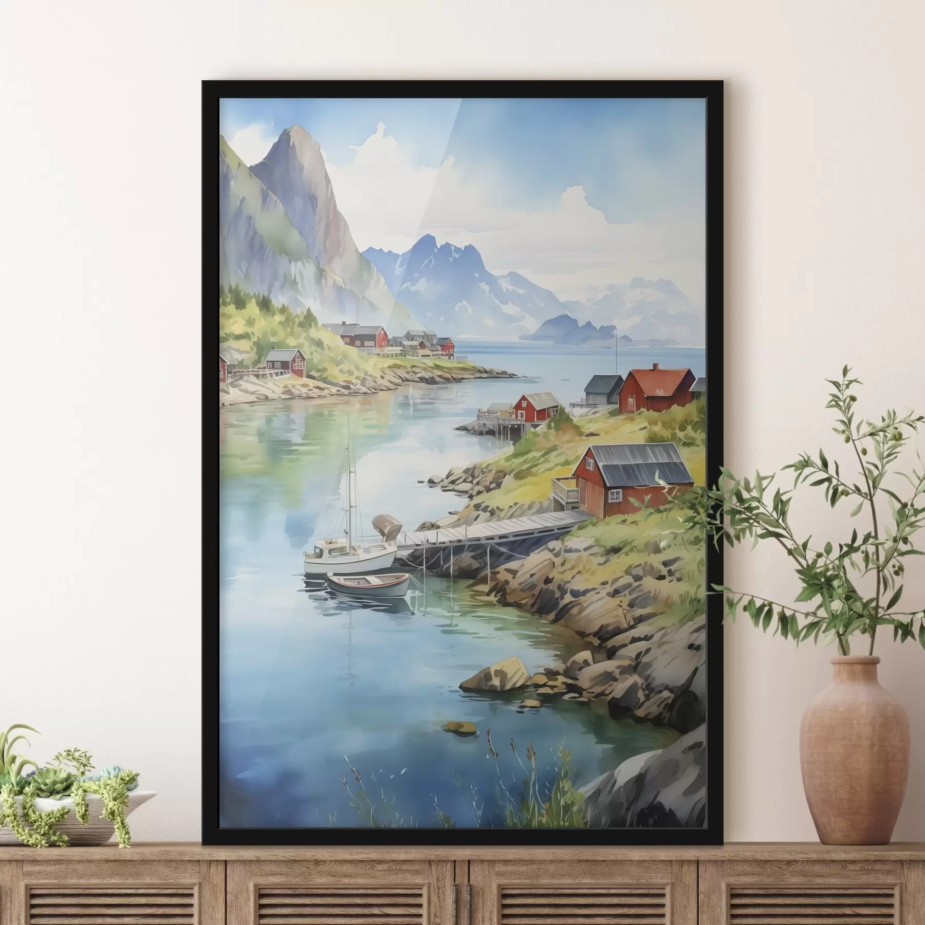  Peintures Paysage estival des îles Lofoten, maisons rouges, montagnes, bateaux f43187