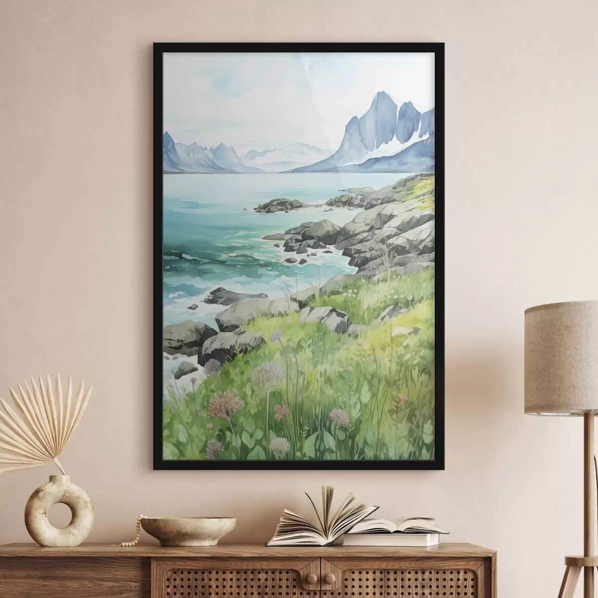Affiche Norvège nature, fjords, paysage d'été, herbe verte, montagnes, style aquarelle f43188