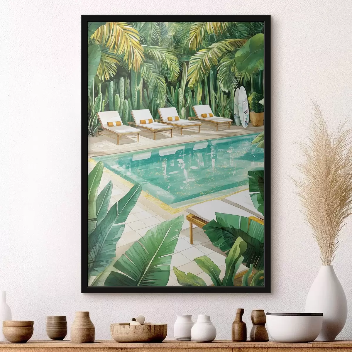 Affiche Nature tropicale, jardin, piscine d'été, surf, style aquarelle f43190