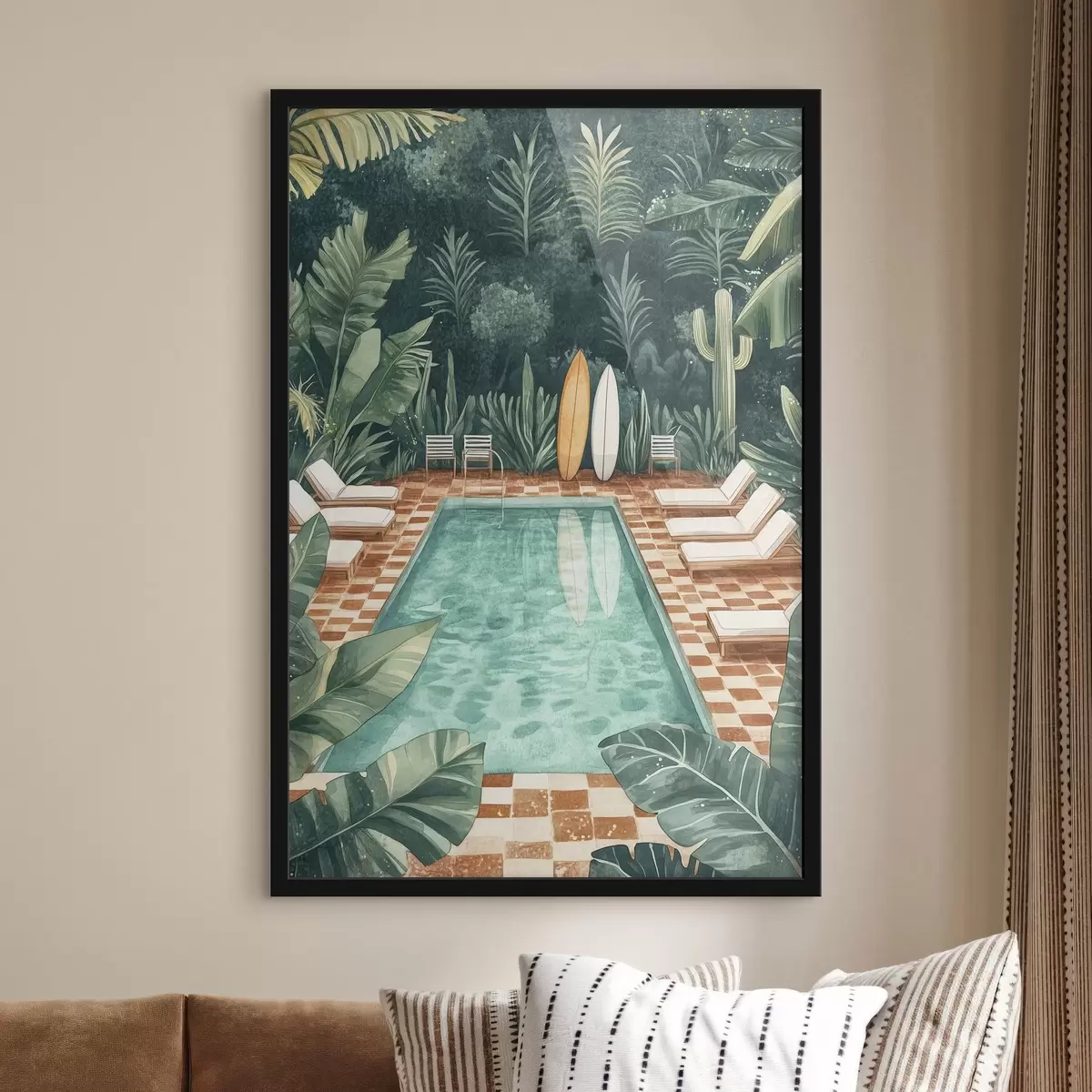Affiche Piscine d'été vintage, forêt tropicale, verdure, palmiers, style aquarelle f43191
