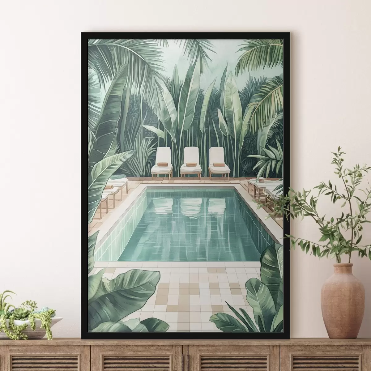 Affiche Piscine d'été esthétique dans un jardin tropical, style aquarelle f43192