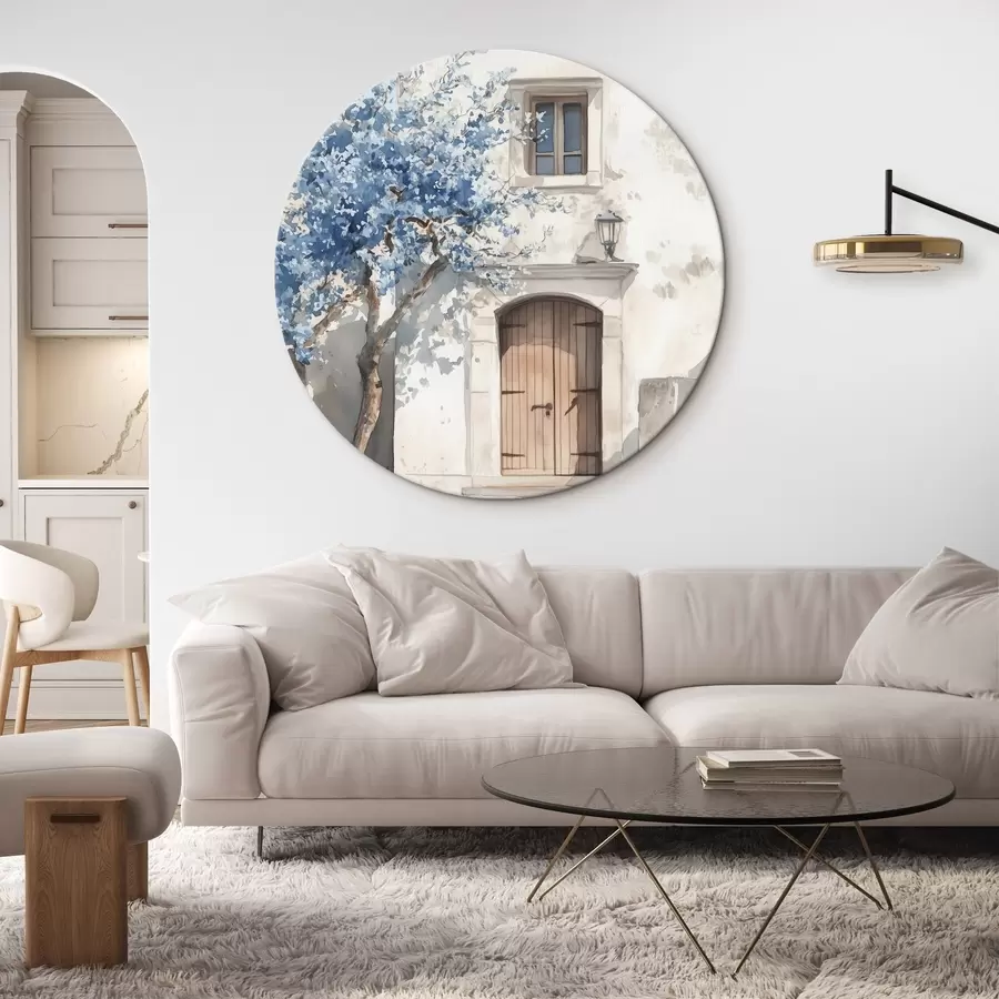  Peintures Maison grecque avec un bel arbre, architecture, style aquarelle r43178