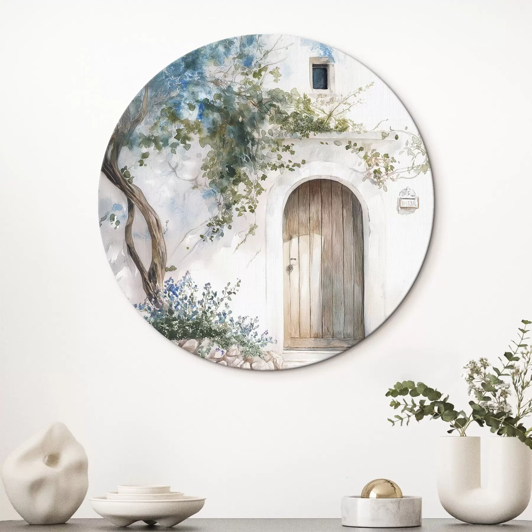  Peintures Belle maison blanche avec arbre en fleurs, méditerranéenne, style aquarelle r43179