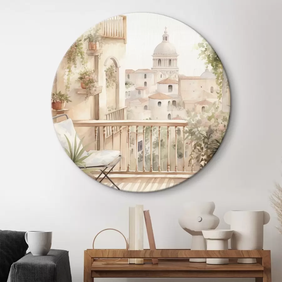  Schilderijen Esthetisch zomerbalkon, Spanje, oude architectuur, blomming, aquarel stijl r43180