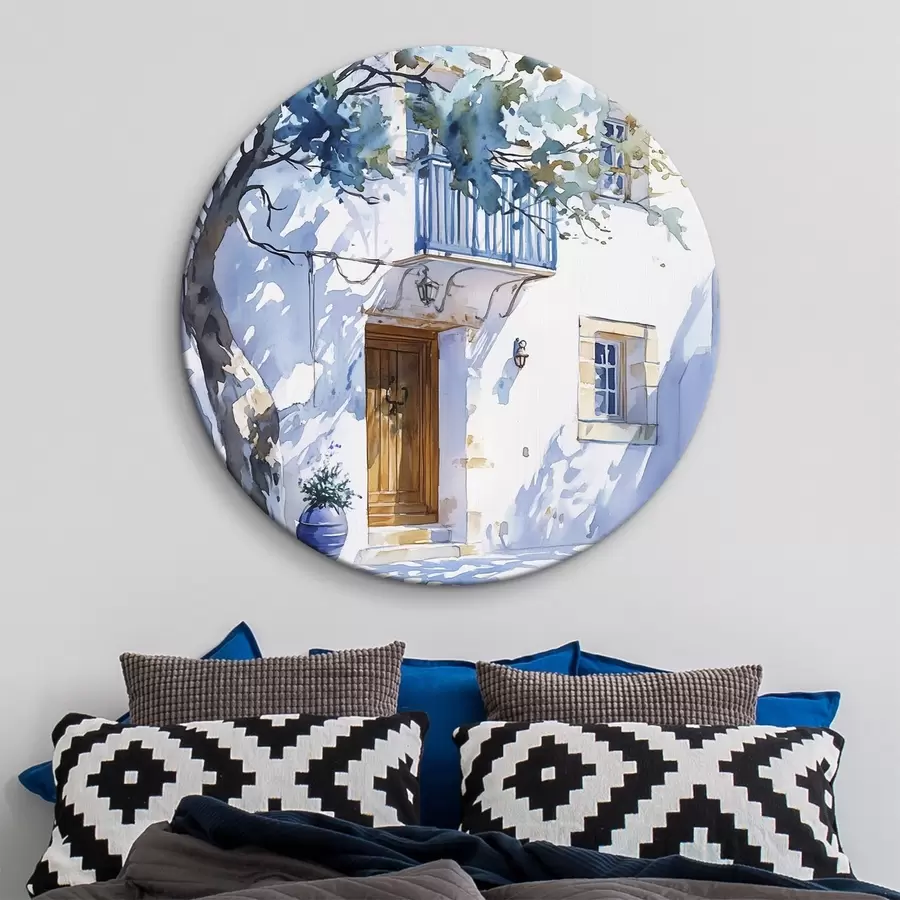  Schilderijen Aquarel stijl, Grieks huis, bloeiende boom, architectuur r43182