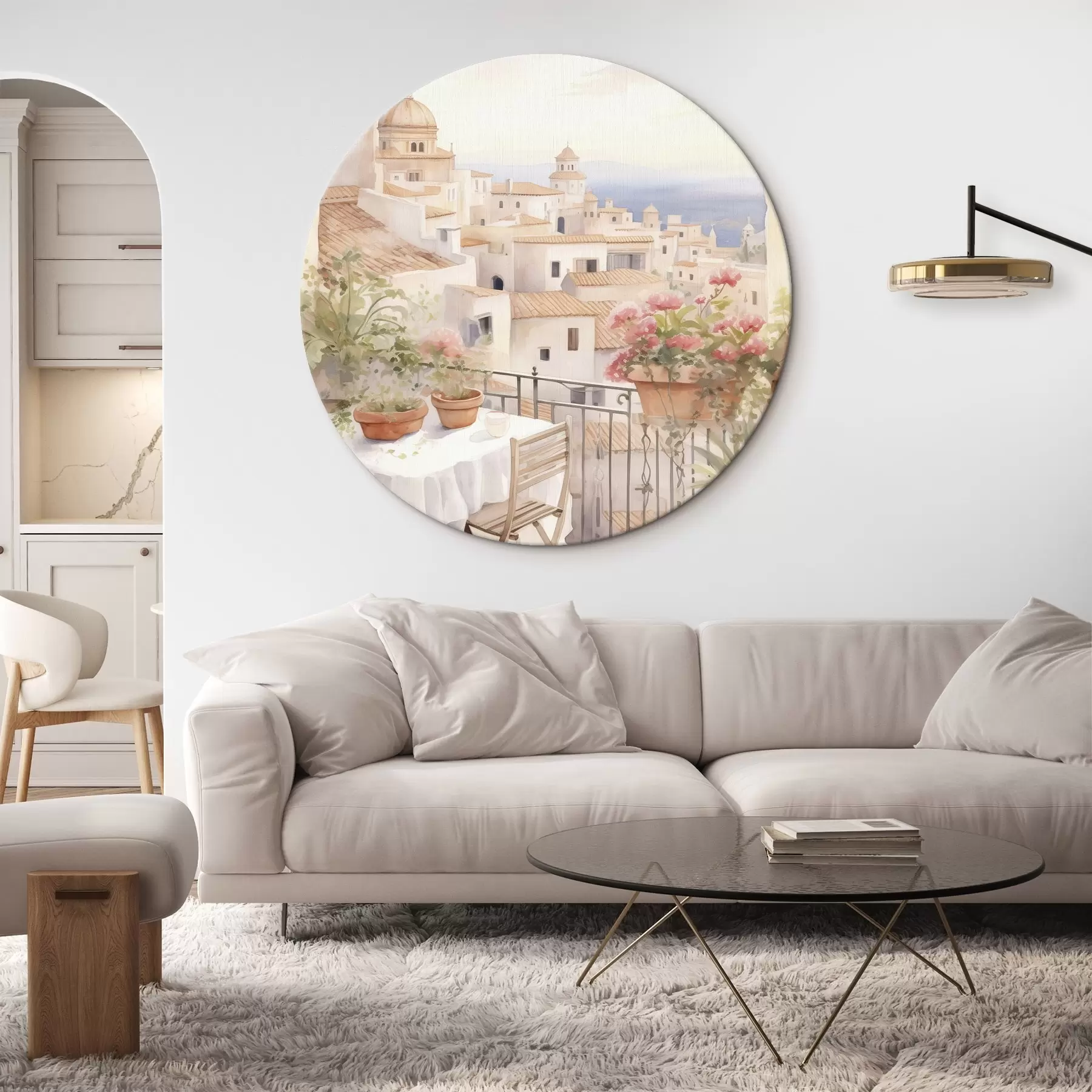  Schilderijen Zonsondergang op het balkon, Italië, architectuur, bloeiende bloemen, aquarel stijl r43184