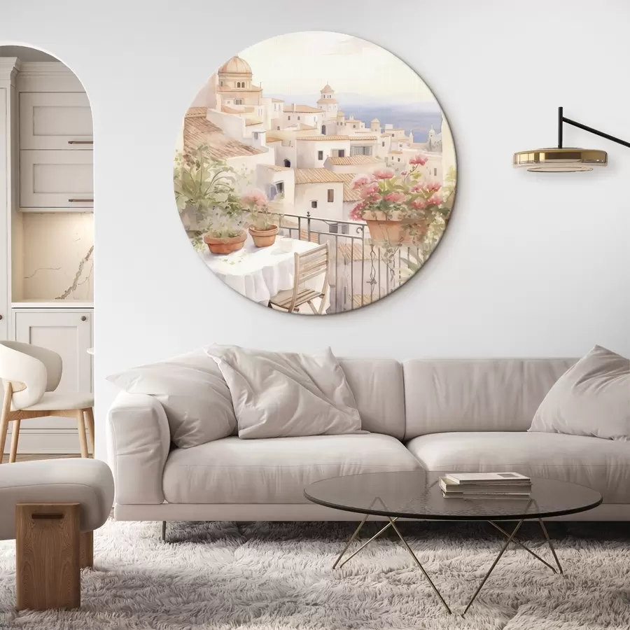  Schilderijen Zonsondergang op het balkon, Italië, architectuur, bloeiende bloemen, aquarel stijl r43184