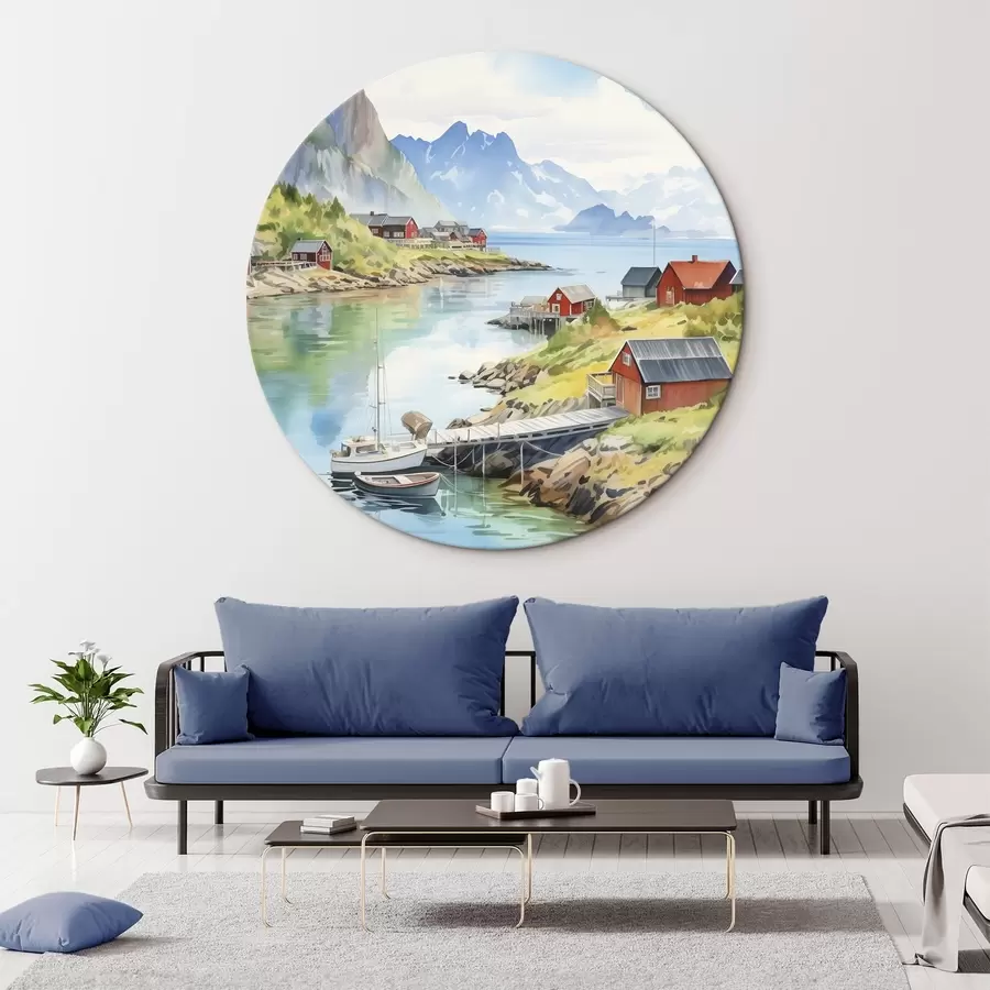  Schilderijen Lofoten eilanden zomer landschap, rode huizen, bergen, boten r43187