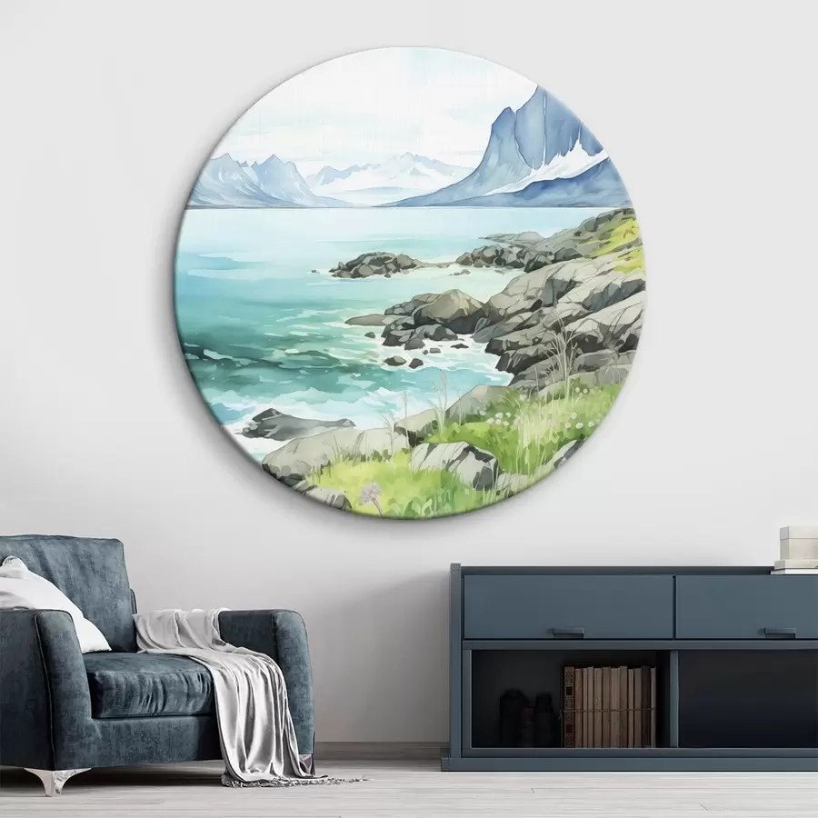  Schilderijen Noorwegen natuur, fjorden, zomer landschap, groen gras, bergen, aquarel stijl r43188