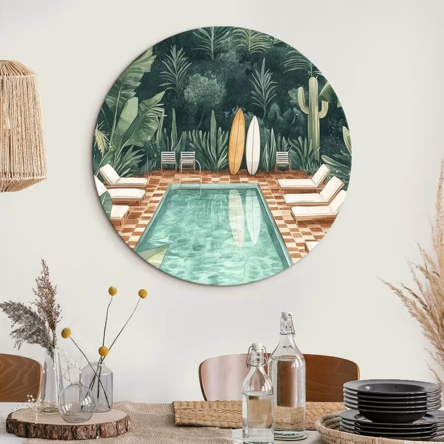  Schilderijen Vintage zomerzwembad, tropisch bos, groen, palmbomen, aquarelstijl r43191