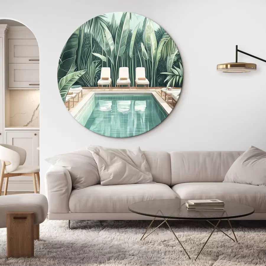  Schilderijen Esthetisch zomerzwembad in de tropische tuin, aquarelstijl r43192