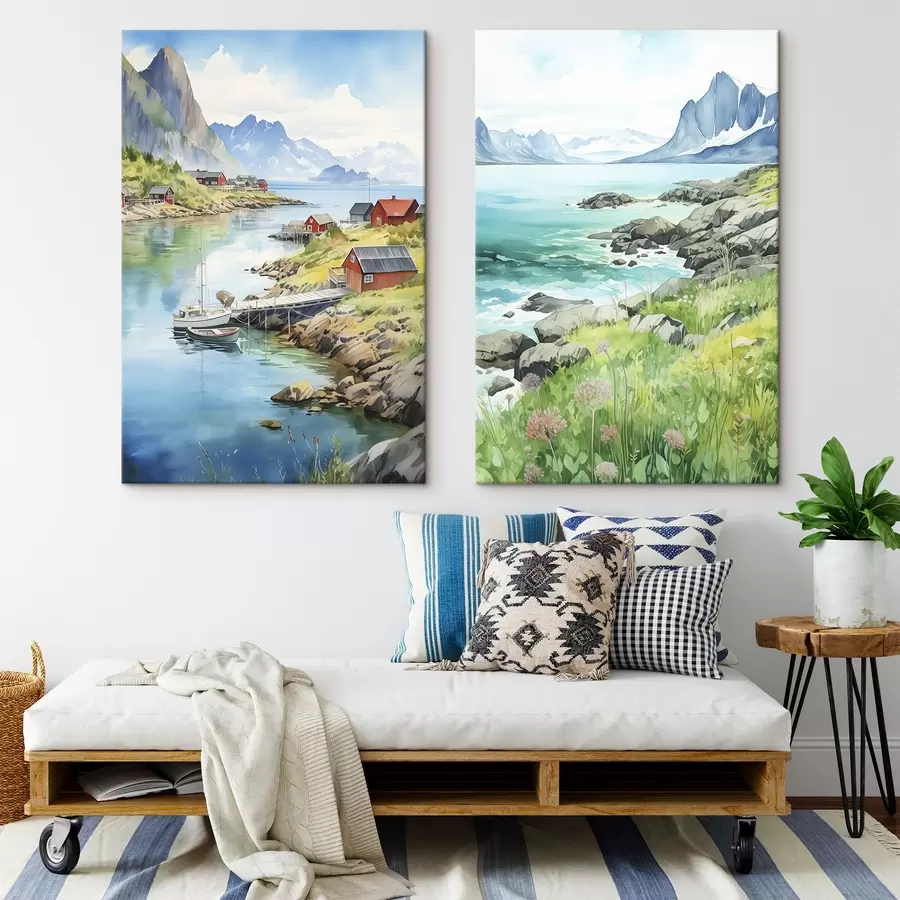  Peintures Norvège nature, îles Lofoten, paysage d'été, maisons rouges, montagnes, bateaux m00421