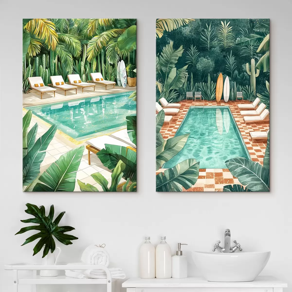  Peintures Piscine d'été, vintage, forêt tropicale, verdure, palmiers, style aquarelle m00422
