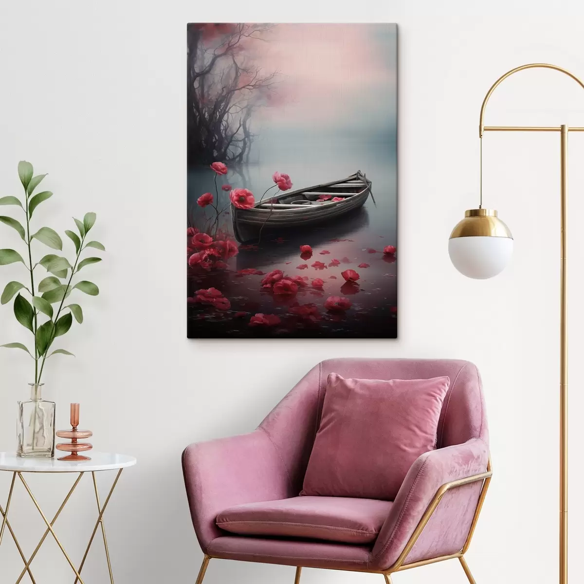  Schilderijen Boot en klaproosbloemen op het meer s43203