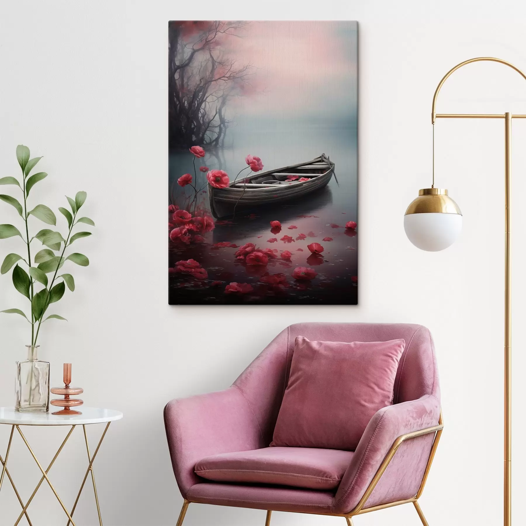  Schilderijen Boot en klaproosbloemen op het meer s43203