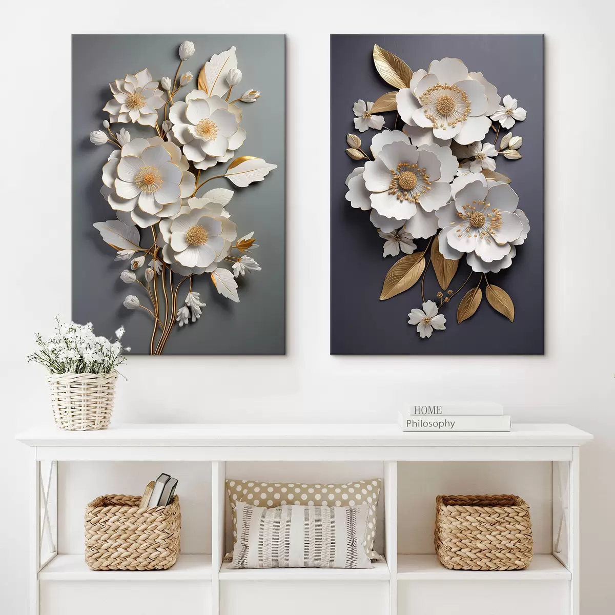  Schilderijen Een compositie van bloesemtakken op een donkere achtergrond m00423