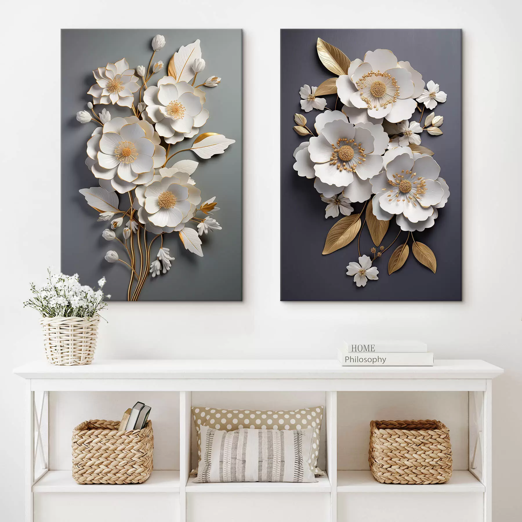  Schilderijen Een compositie van bloesemtakken op een donkere achtergrond m00423