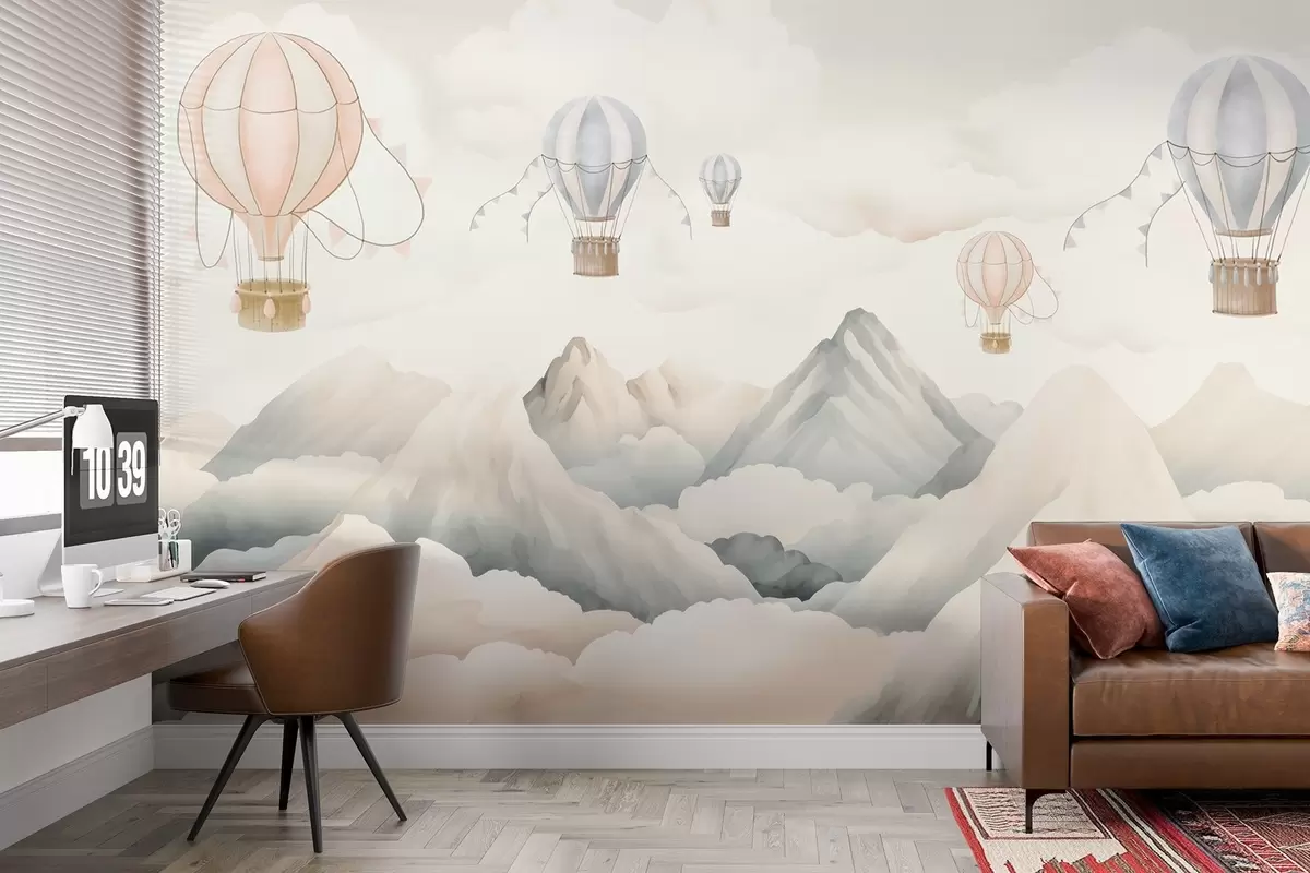 Fotobehang Luchtballonnen zweven boven bergen in neutrale, zachte pasteltinten w08853