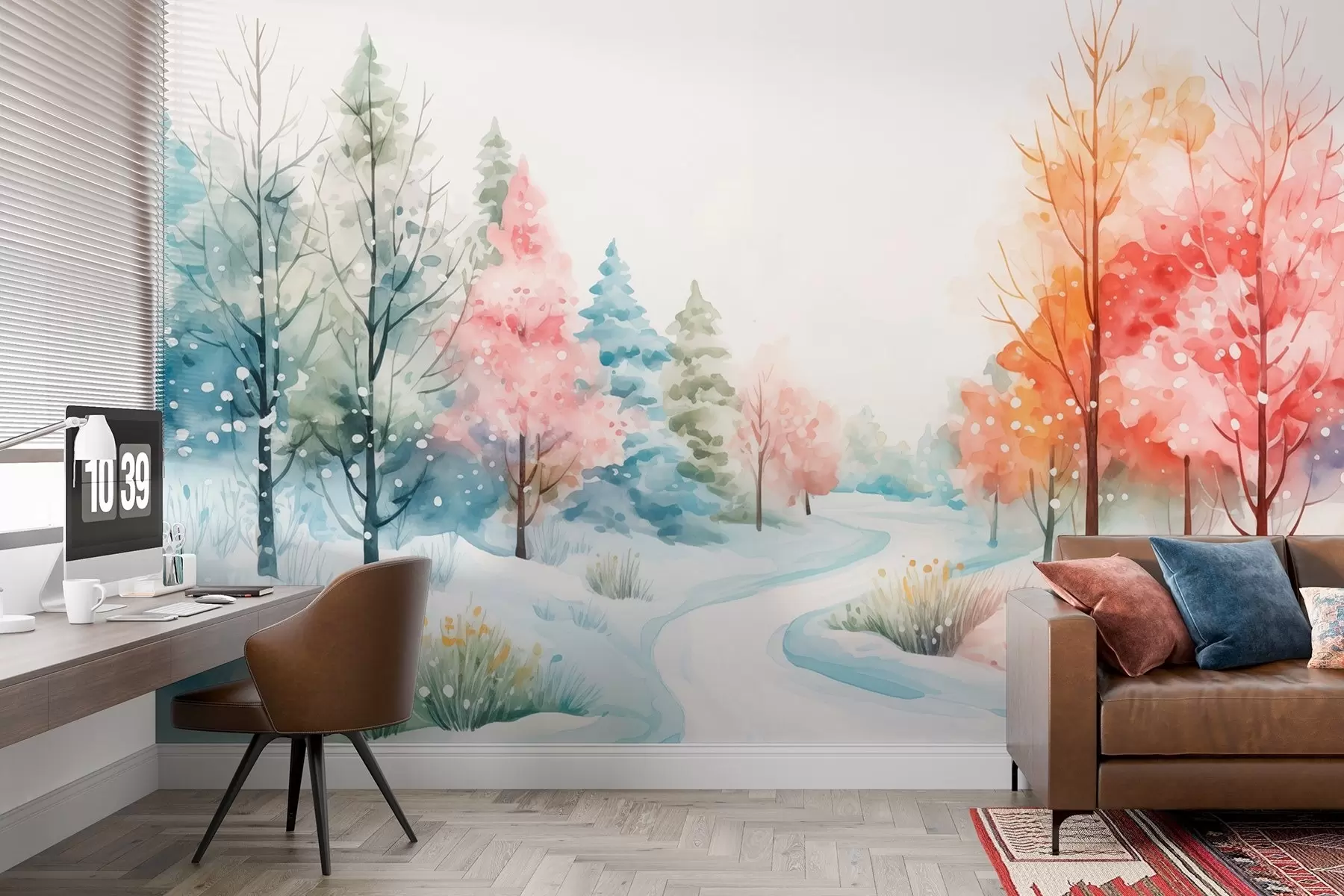 Fotobehang Een levendig winterbos in aquarelstijl w08856