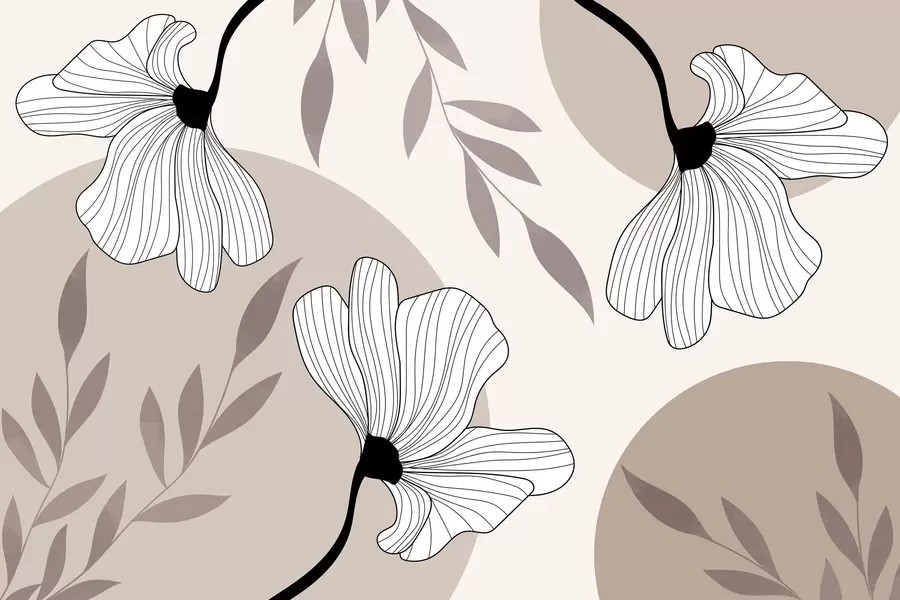 Fotobehang Abstractie met bloemen en bladeren in beige tinten w03328